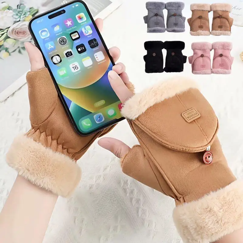 أزياء المرأة الجلد المدبوغ قفازات الوجه غطاء دافئ المخملية القفاز شاشة تعمل باللمس نصف اصبع القفازات الحرارية في الهواء الطلق الكتابة قفازات ركوب الدراجات #2