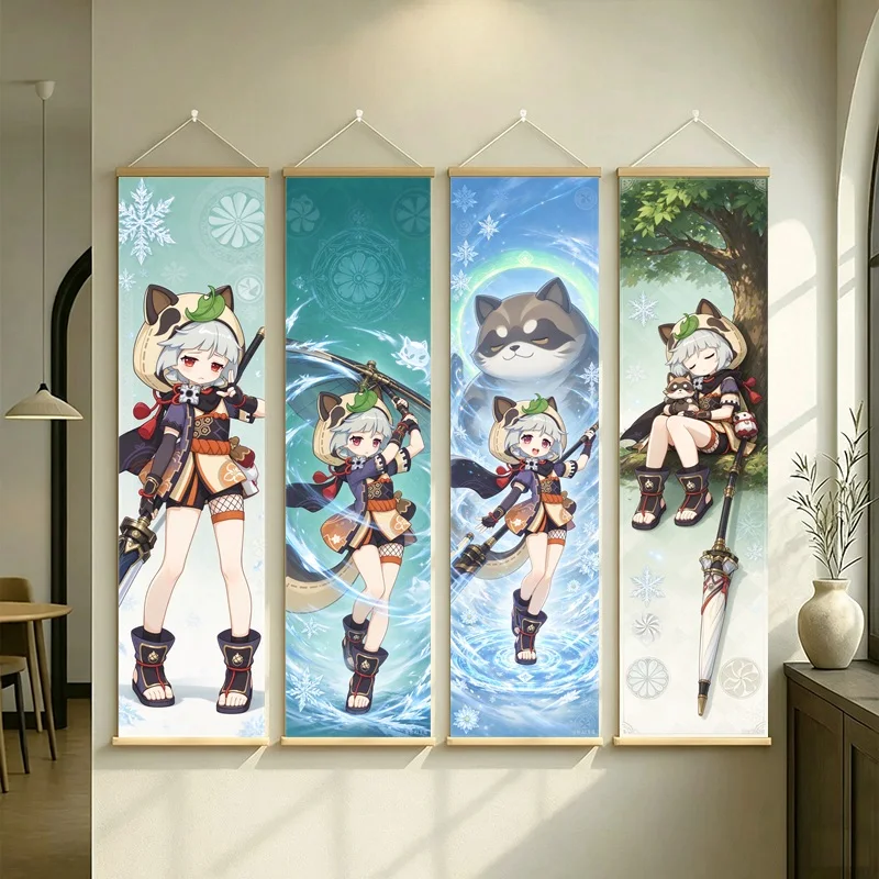 Hanging Scroll Wall Art of Genshin Impact Sayu with Green Woodland Motifs on Silver Shimmer Canvas for an Anime Bedroom