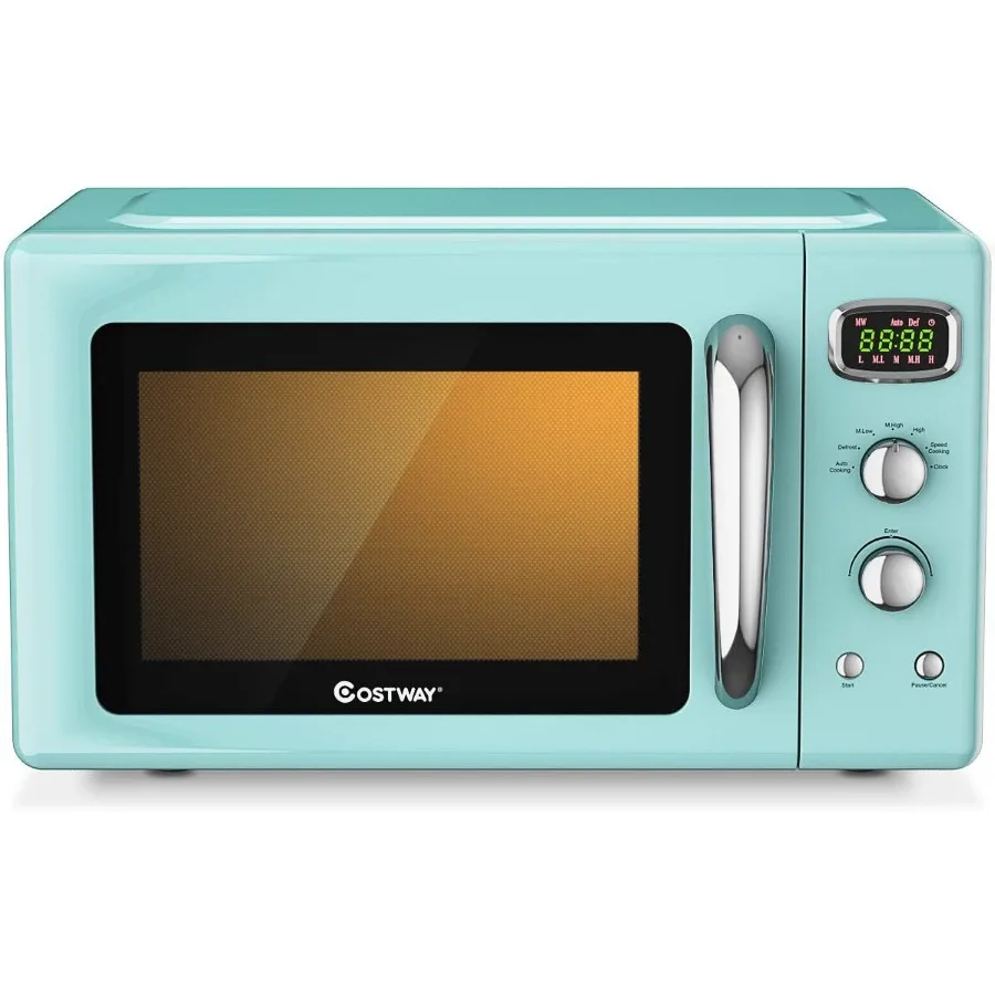 Horno microondas de encimera Retro, 0,9 pies cúbicos, 900W, con 5 niveles de potencia, función de cocción automática, pantalla LED, tocadiscos de vidrio y