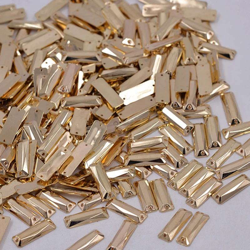 JUNAO 200pcs 7*21mm Sewing Golden Rhinestone Applique Flatback Gold Rectangle Acrylic Strass Sew On Crystal Stones For Clothes
