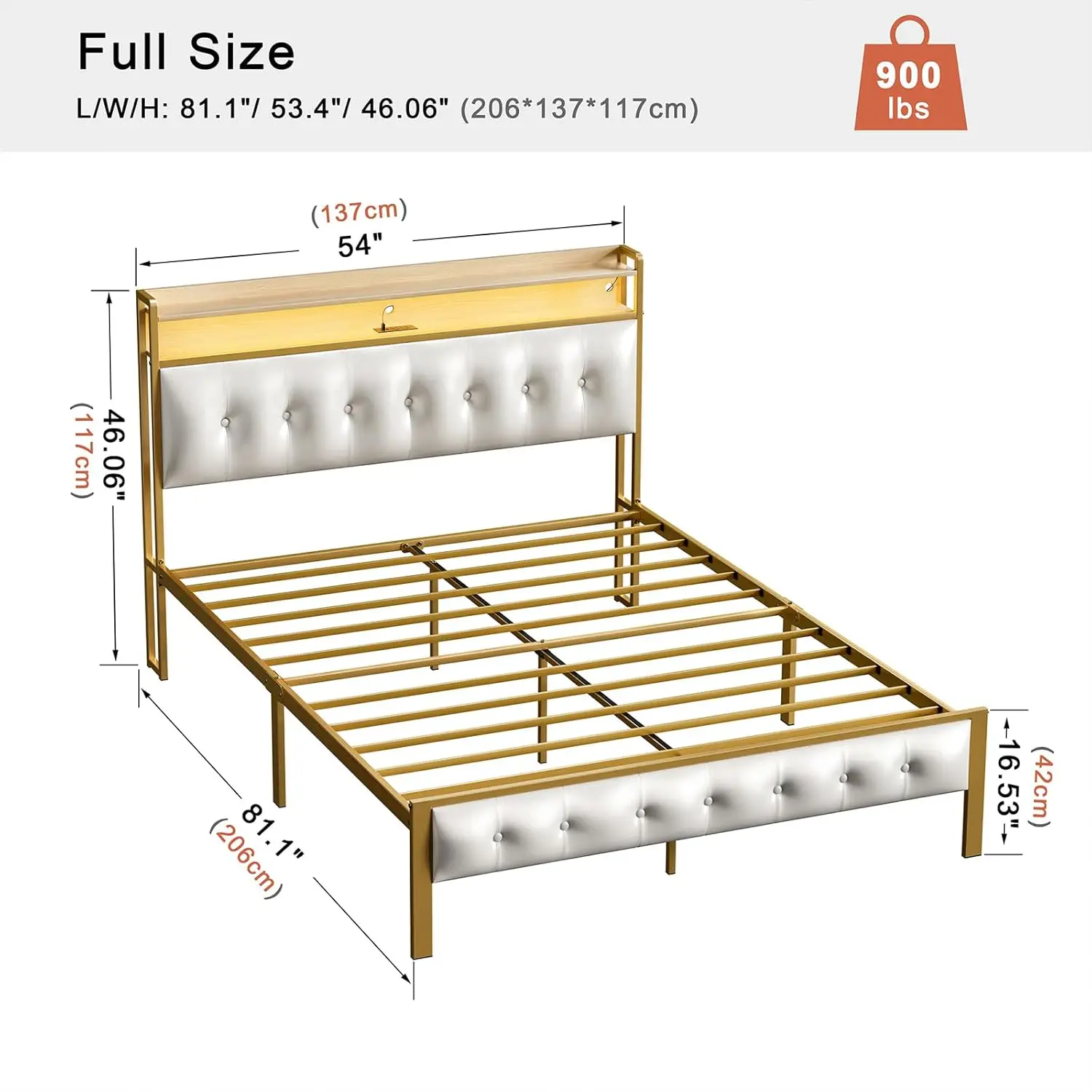 LED Bed Frame Full Size with Storage Headboard Platform Bed Frame with 2 Charging Outlets and 2 USB Ports Non-Slip Without Noise