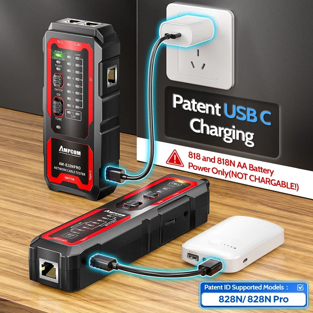 AMPCOM Network Cable Tester Kit, USB Charging, Test on PoE, NCV, Ethernet Port Flashing, Crimping Checking,LAN Cable Tracer Kits