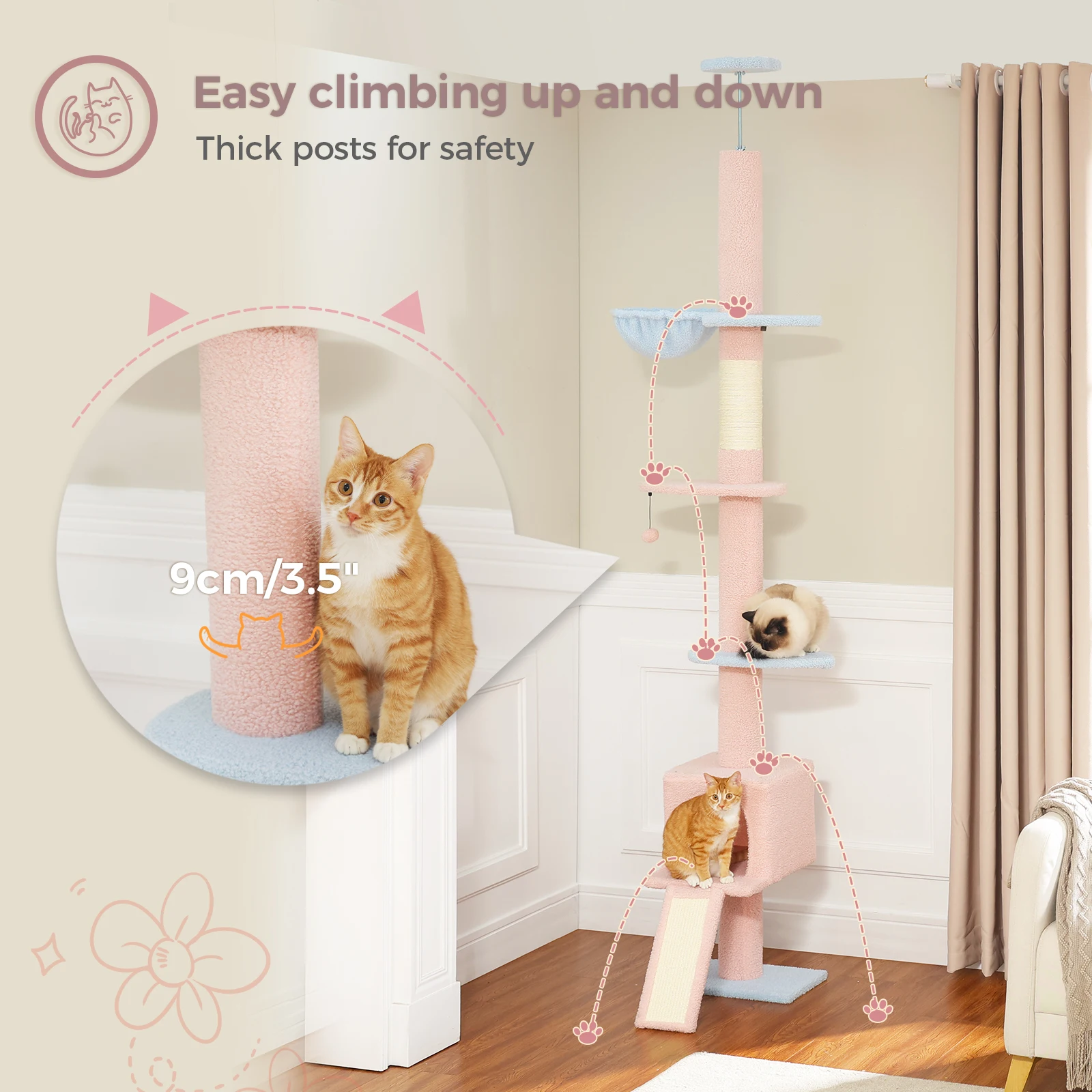 

Adjustable Height 210-274CM Cat Tree Floor to Ceiling Tall Cat Tower for Indoor with Cozy Condo Sisal Scratching Post Cat Ladder