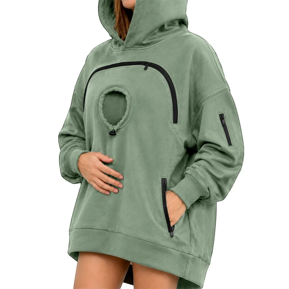Autumn and Winter New Hooded Women's Pet Cat Pocket Casual Loose Hoodie Women's Zipper Long Sleeve Hoodie with Velvet Top