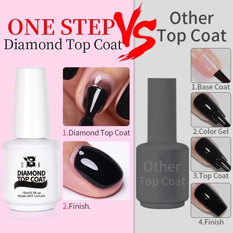 BOZLIN 15ml Black Jelly Diamond Top Coat One Step Gel Crystal Translucent Nail Art Varnish Semi Permanent Soak Off UV LED Gel