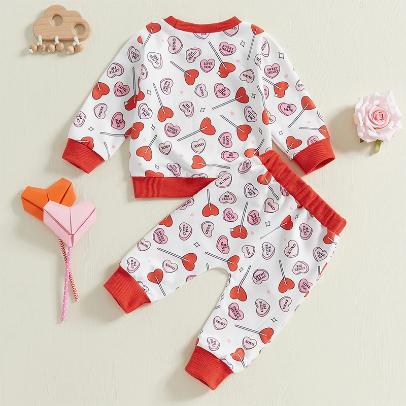 2024-09-14 Lioraitiin Baby Girl Valentine’s Day Outfits Long Sleeve Heart Lollipop Print Sweatshirt and Pants Set Spring Clothes