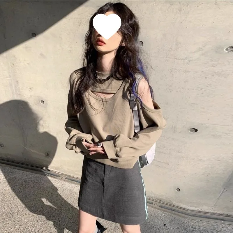 

Sweatshirts Women Off-shoulder Stylish Tender Cropped Ladies Solid Schoolgirl All-match Minimalist Hot Sale Popular New Arrival
