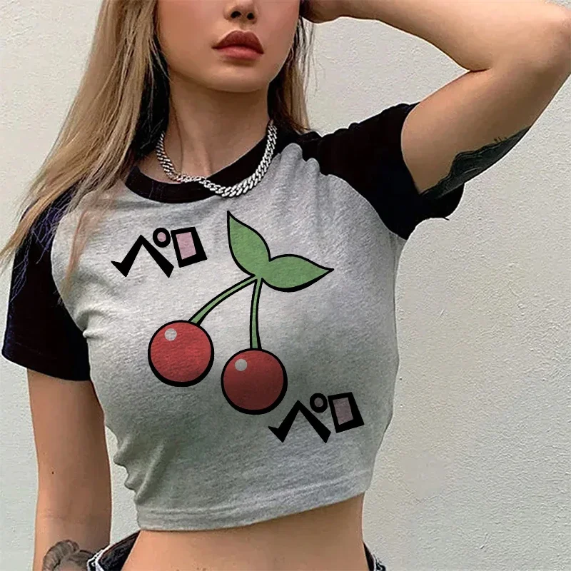 Sexy fraise cerise haut court T-Shirts décontractés gothique t-shirt 90s recadrée t-shirt femmes été