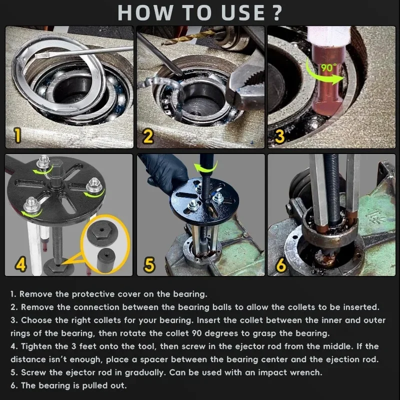 Kit de tração de rolamento universal, extrator de engrenagem de 3 mandíbulas, separador de rolamento, extrator de três mandíbulas, furo interno, ferramenta de desmontagem