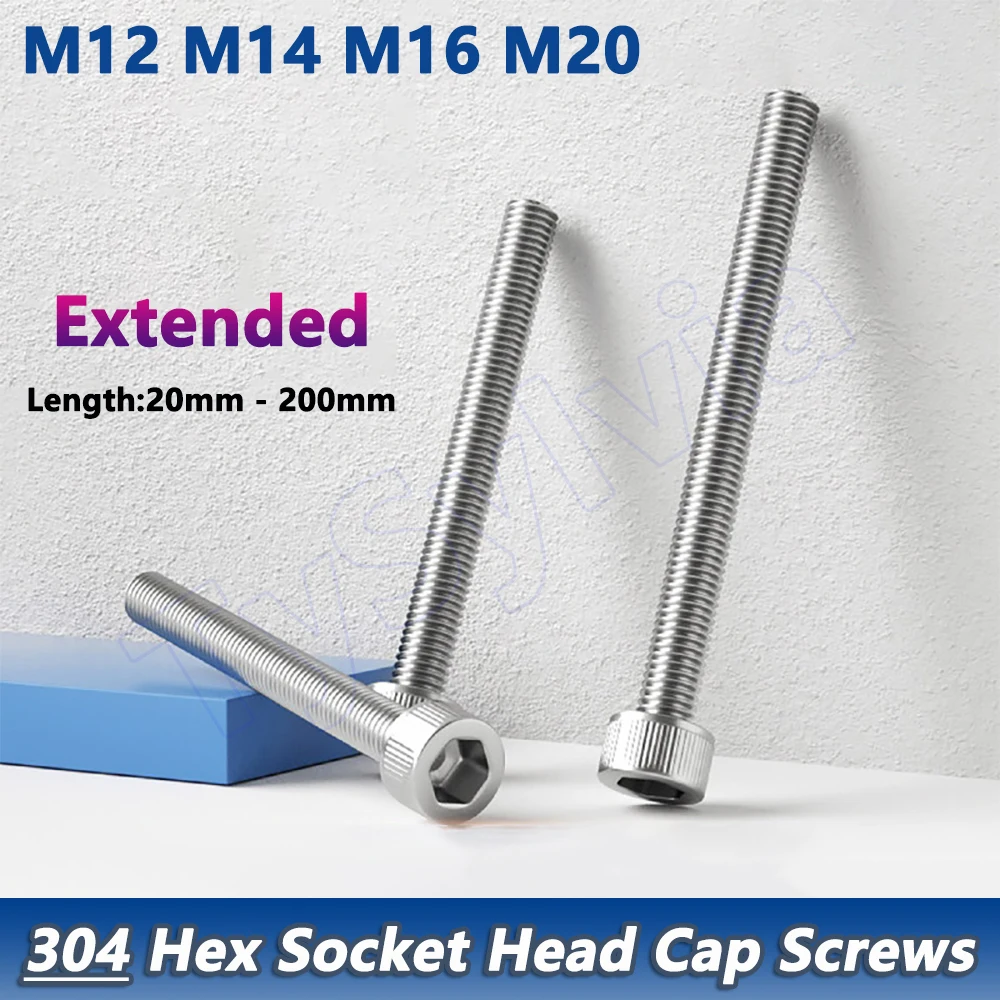 

304 A2 Stainless Steel DIN912 Extended Hex Socket Head Cap Screws Cylindrical Allen Bolt M12 M14 M16 M20 Length 20-200mm