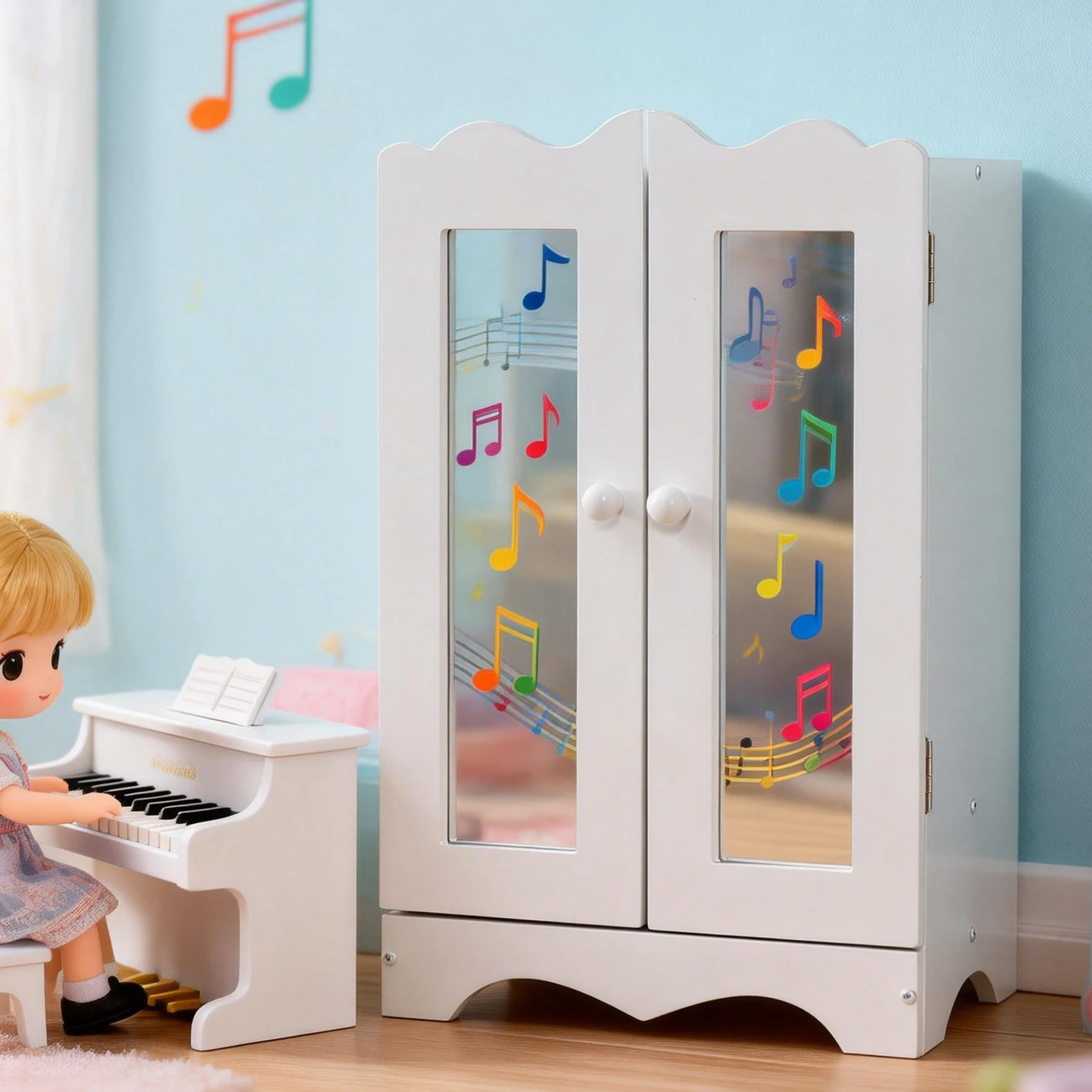 Wooden Baby Doll Closet with Mirror 6 Hangers 18 Inch Doll Clothes Storage Furniture Wardrobe for Over 3 Years Kids White