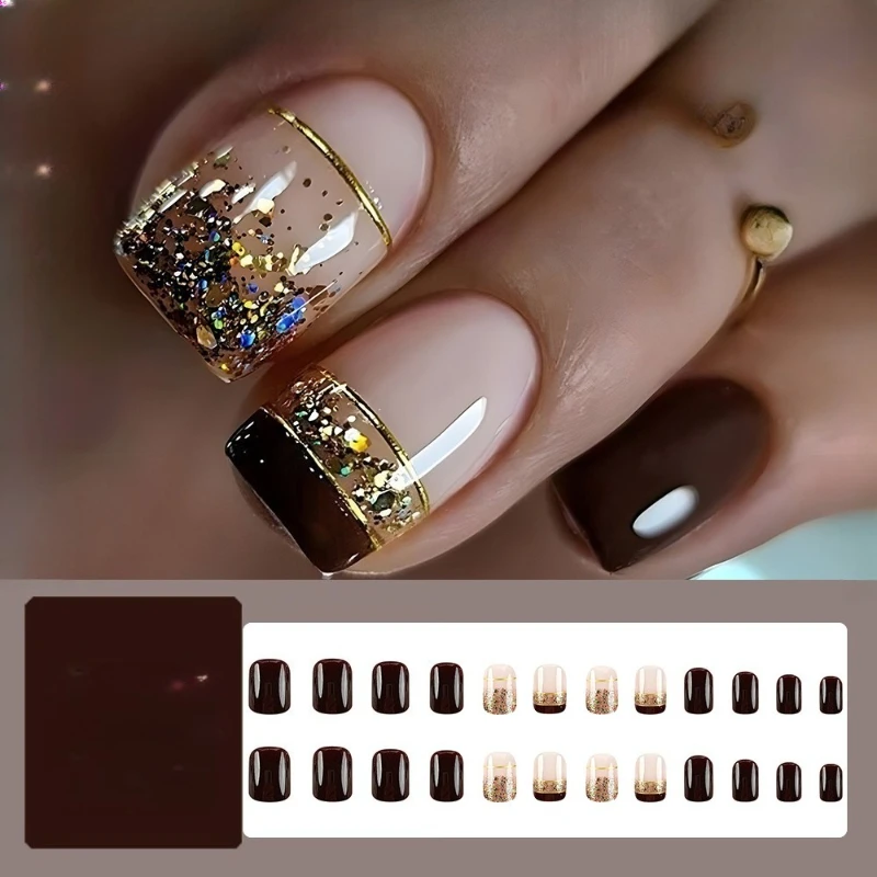 

Коричневая наклейка для французского маникюра в европейском и американском стиле с золотой фольгой, носить поддельные кусочки ногтей