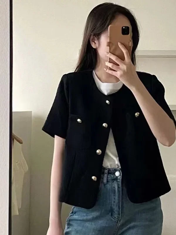 

Dongda Gate Summer Loose ort Sve Woolen Coat Women's Button up Top Casual Straight Cut Single Button Multiple Pure Color