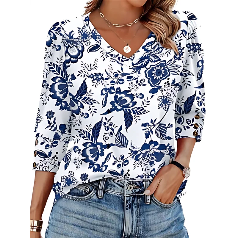 

ABP-Womens 3/4 Sleeve Tops With Buttons V-Neck Summer Outfits Casual Shirts Beach Vacation Fall Clothes 2025