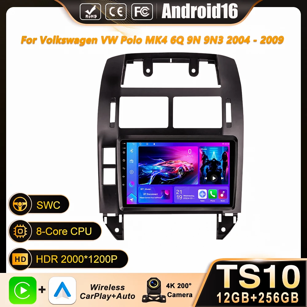 For Volkswagen VW Polo MK4 6Q 9N 9N3 2004 - 2009 Car Radio Android Auto Multimedia Video Player GPS Carplay QLED Screen Stereo