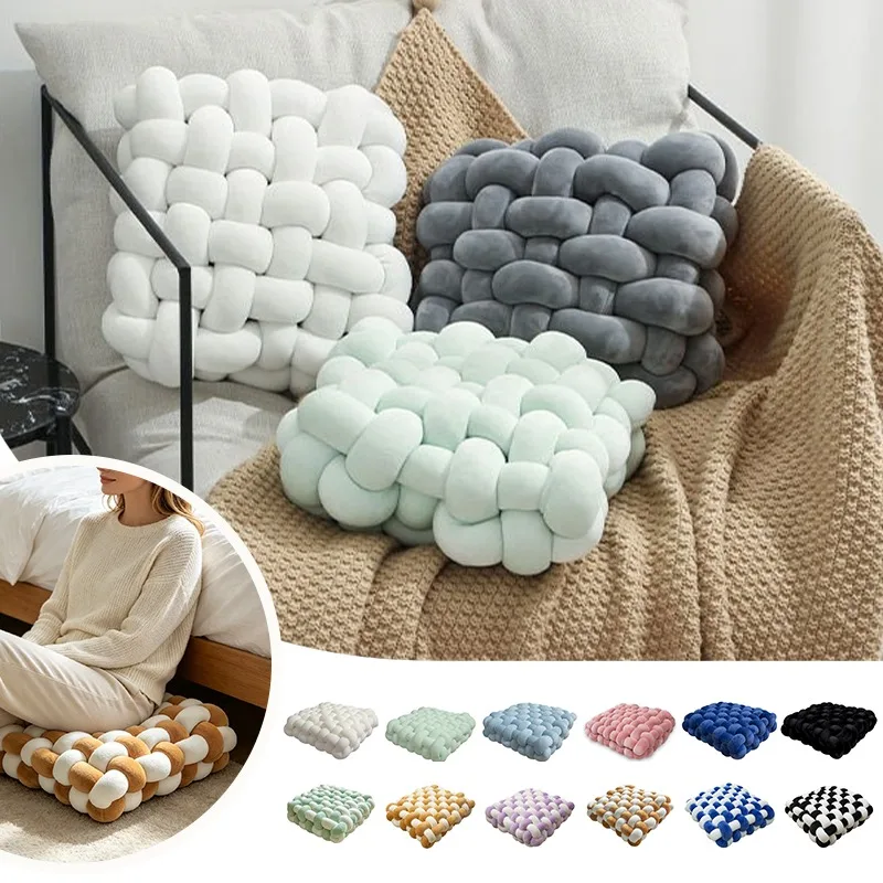 30x30/40x40cm Nordic Solid Square Plush Knot Cushion Hand Woven Throw Pillow for Sofa Bay Window Home Living Room Decoration