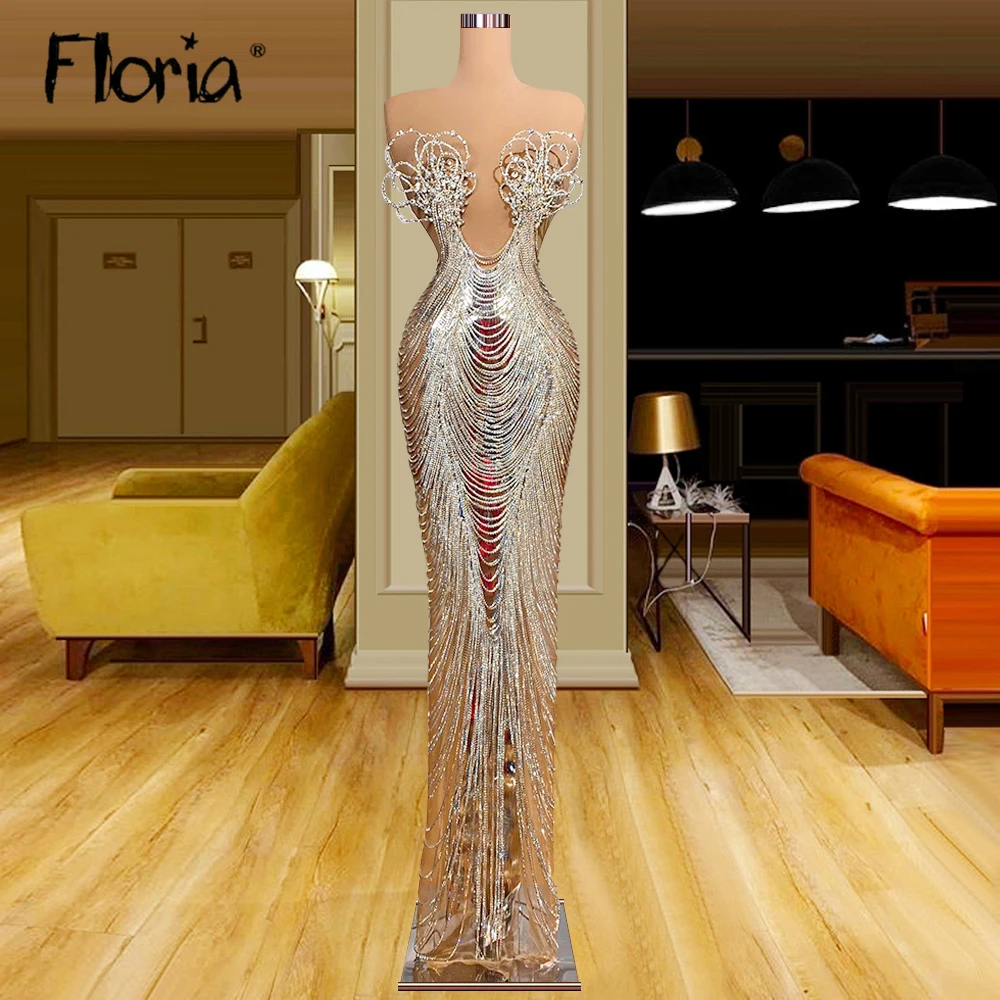 Floria Fashion Strapless Mermaid Luxe Diamanten Kwastje Avondjurk Voor 2023 Pegant Formele Prom Partij Jassen Custom Made