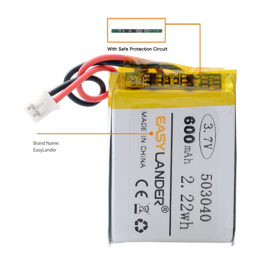 3.7V 600mAh Lithium Polymer Lipo Rechargeable Battery 503040 For JST PH 2.0mm 2pin Plug For Camera GPS Bluetooth Electronics