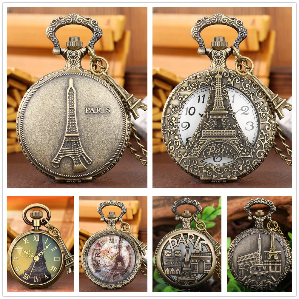 Classic Eiffel Tower Series Quartz Pocket Watch Bronze Necklace Pendant Clock Vintage Souvenir Collection Timepiece Gift Unisex