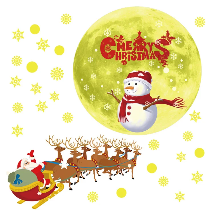 Weihnachtsmond-Schneeflocken-Leuchtwandaufkleber für Kinderzimmer, Schlafzimmer, Heimdekoration, Aufkleber, die im Dunkeln leuchten, Neujahrstapete – Detail 7