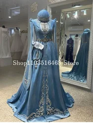 Arabian Muslim Wedding Dress 2024 For Women Sky Blue Velvet High Neck Beaded A-line Applique Long Sleeve robes de soirée