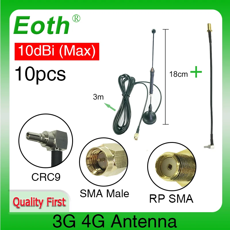 

Eoth 10 шт. антенна 4G LTE 10dbi SMA Штекерный Разъем Антенна 698-960/1700-2700 МГц IOT магнитное основание 3 м прозрачная присоска антенна