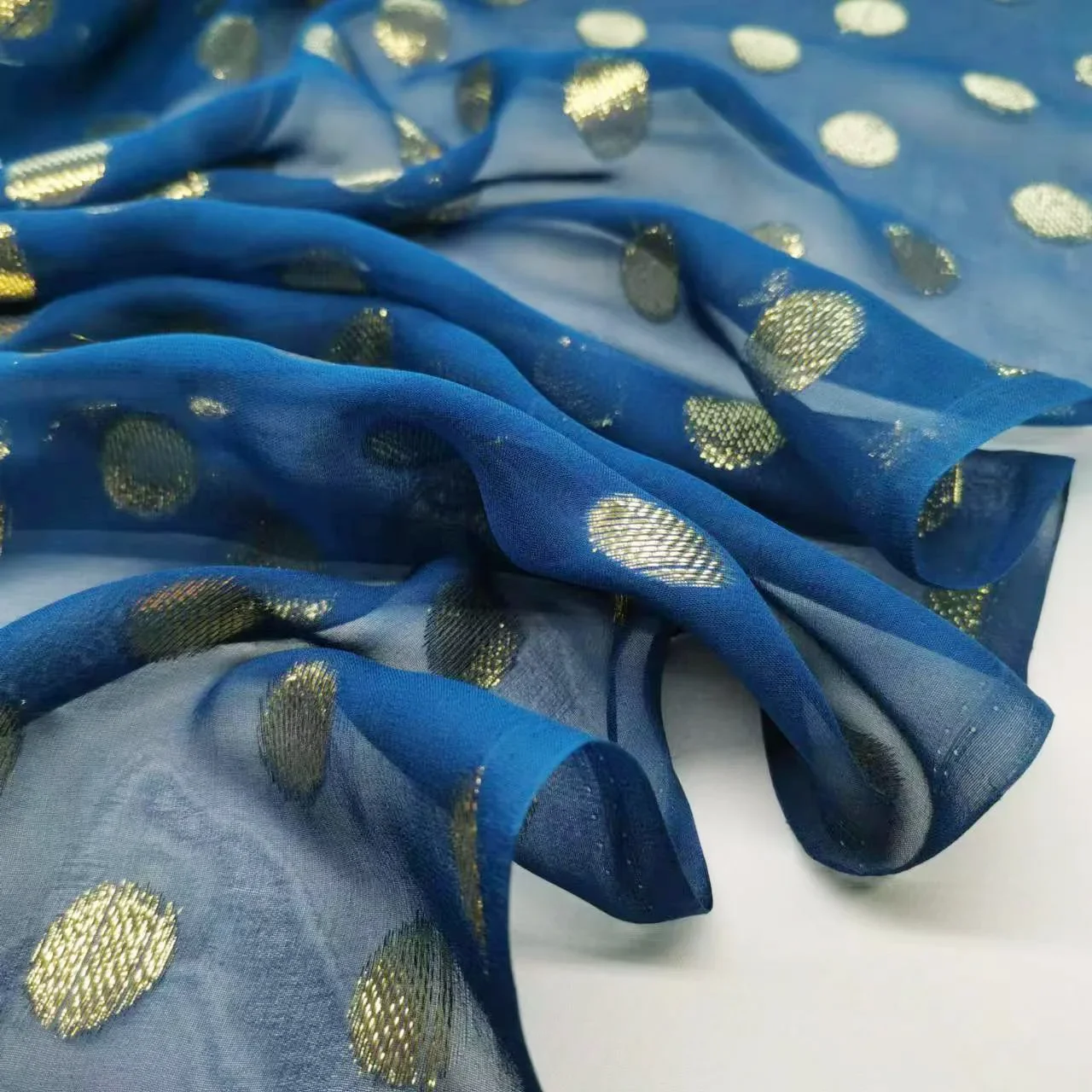 Blue Saree Fabric Shimmer Silk Metallic Shiny Hijab Scarf Craft DIY Sewing Material