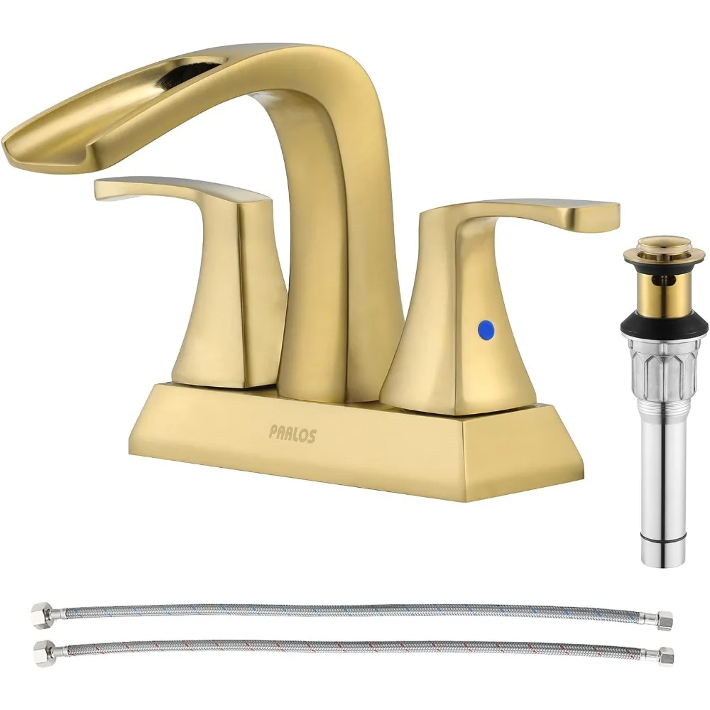 

PARLOS 2 Handles Waterfall Bathroom Faucet with Metal Pop-up Drain and Faucet Supply Lines, Brushed Gold, Doris 1406808