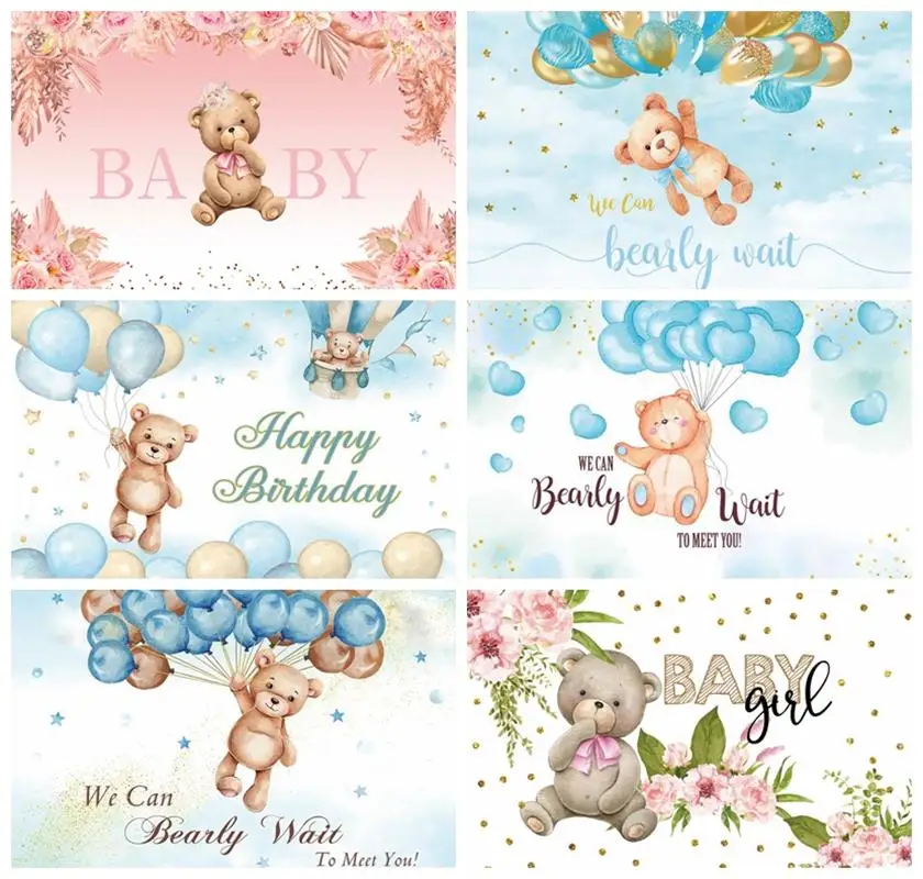 Laeacco Teddy Bear Happy Birthday Backdrop Hot Air Balloon Star Cloud Kid Baby Shower Portrait Customized Photography Background