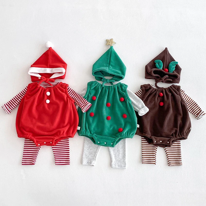 0-24M Christmas Newborn Baby Romper Suit Toddler Infant Boys Girls Green Red Deer Santa Jumpsuit Cute Xmas Costumes Clothing