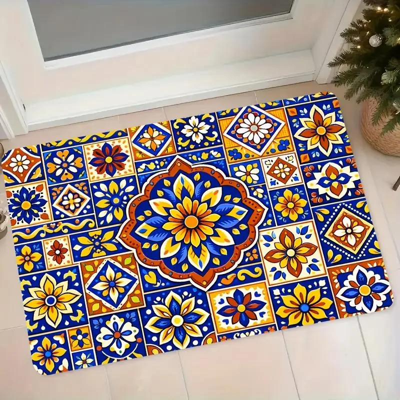 Talavera Tile Rectangle Door Mat Mexican Blue Yellow Non-Slip Welcome Rug Vintage Carpet for Home Entrance Porch Decor