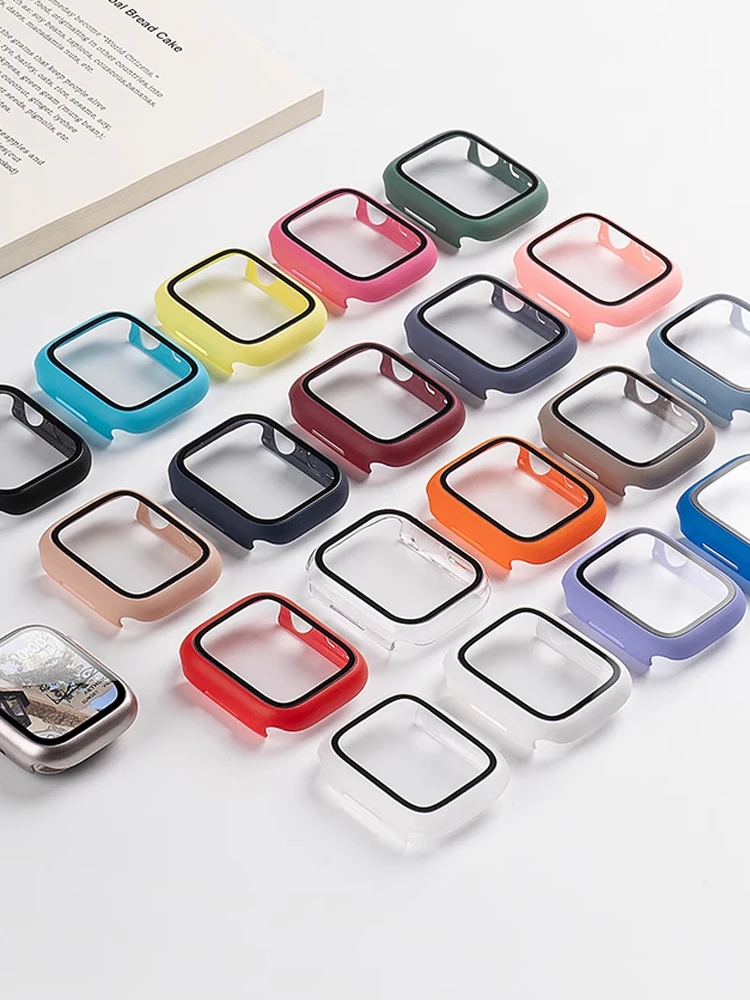 Displayschutzfolie für Apple Watch-Gehäuse 41 mm, 45 mm, 44 mm, 40 mm, 42 mm, 38 mm, PC-Stoßstange, gehärtetes Glas, Abdeckung, iWatch-Serie 9, 8, 7, 6, 5, 4 se