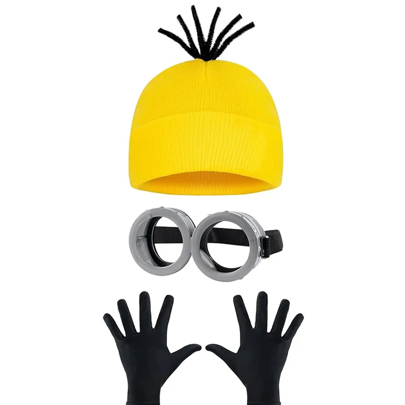 Cartoon Cosplay Costume Kit, Yellow Knit Hat Round Goggles Black Gloves For Holiday Party Role Play Decor