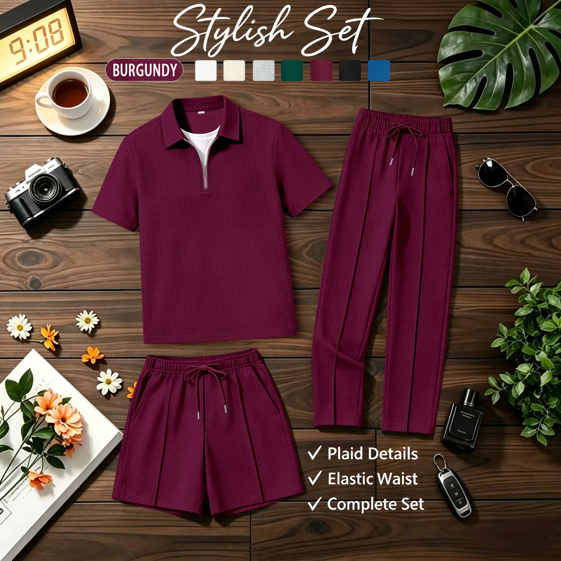 

Latest men's waffle zipper short-sleeved Polo shirt shorts pants three-piece daily home, shopping, casual, business, beach sets