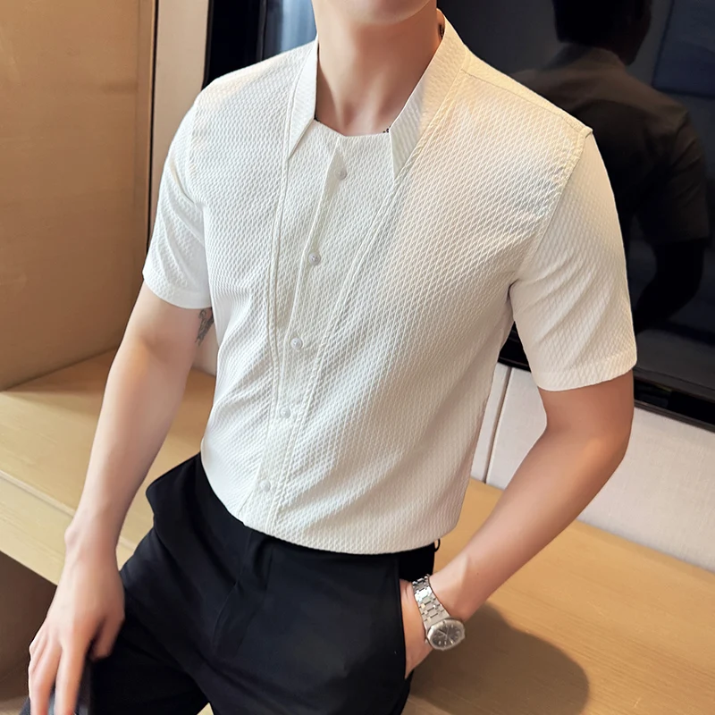 Summer Stand Up Collar Plaid Short Sleeve Shirt Men Business Casual Social Formal Size 4XL-M XJ648