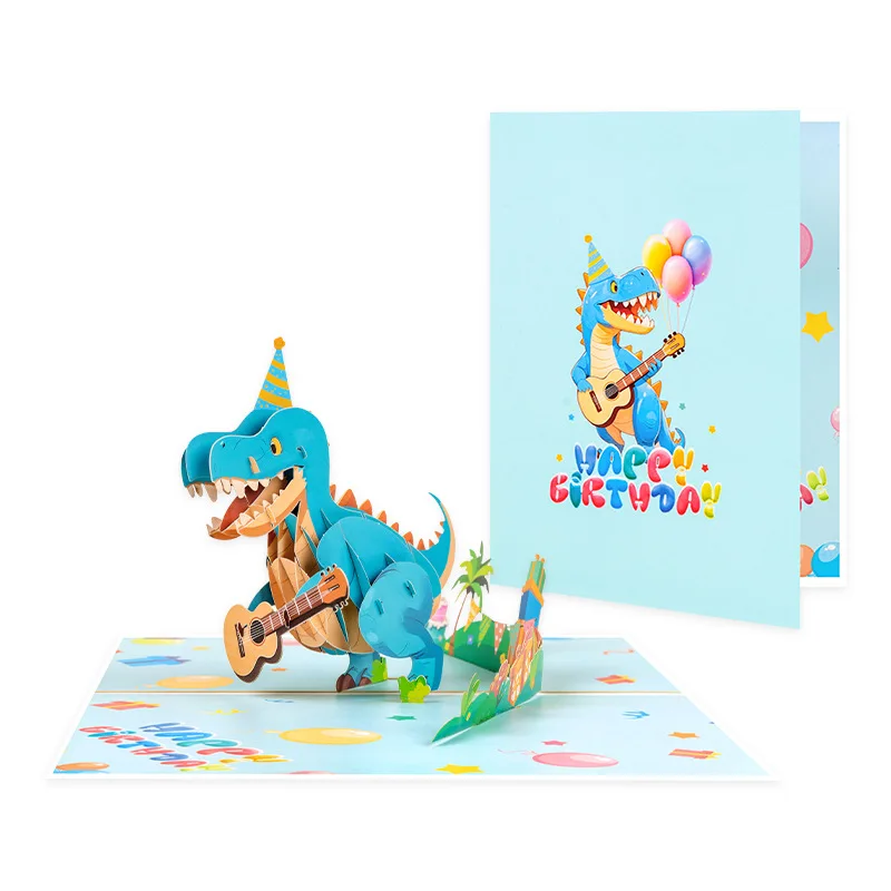 

2pcs Pop-Up Greeting Card with Envelope Cartoon Dinosaur Theme, Happy Birthday Card 3D Pop-Up Unicorn Birthday Card