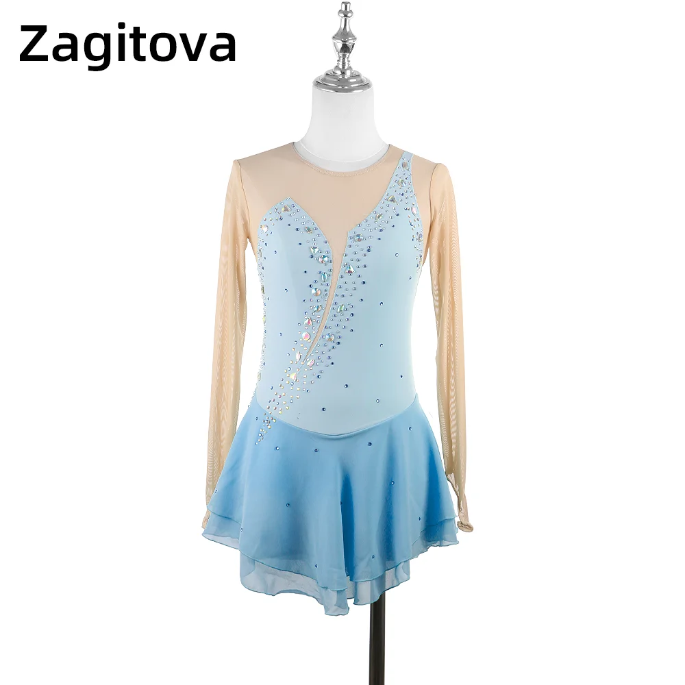 

Zagitova Figure Skating Performance Dress Women Girls Ice Skating Skirt Long Sleeve Water Blue Mesh Skirt Competition