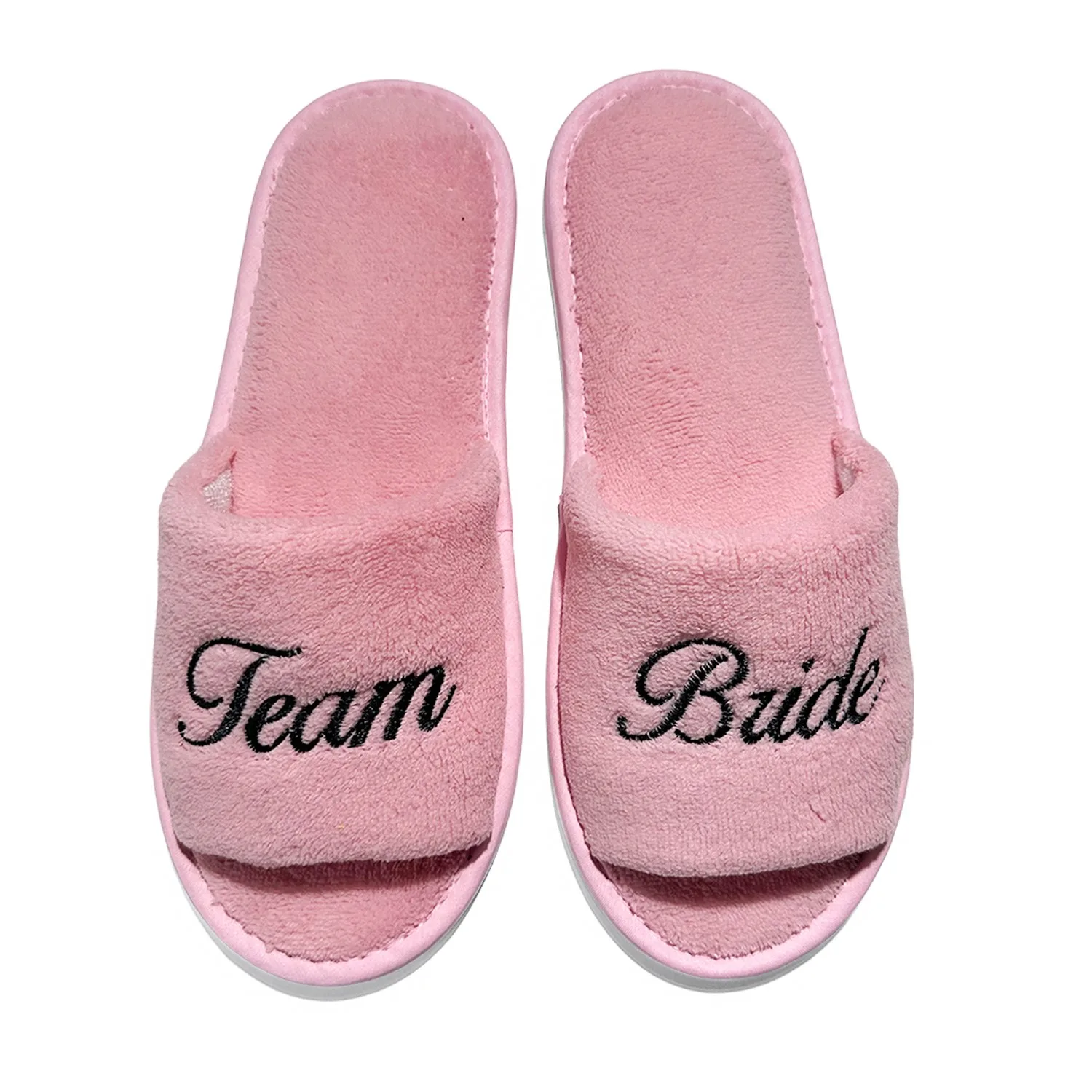 Pink Bridesmaid & Team Bride, Wedding Party Guests Home Slip On Shoes Bridal Party Slippers Set, Open-toe With Black Embroidery