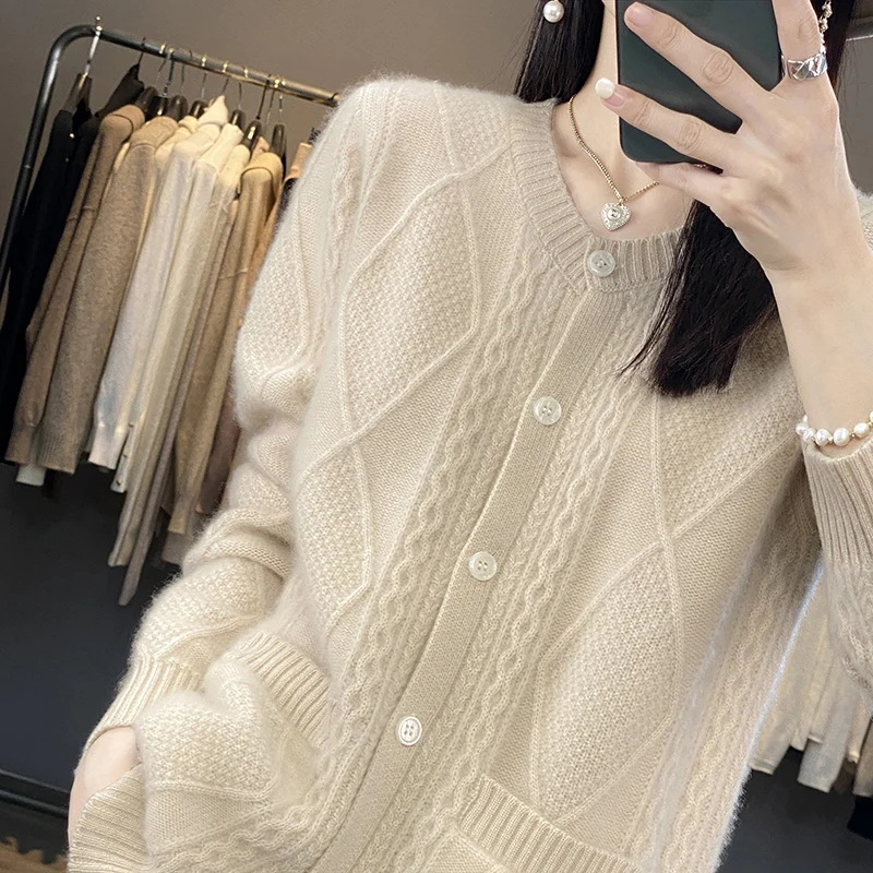 Women\'s sweater cardigan coat pure wool 2023 autumn and winter new O-neck twisted flower long sleeve high-end sweater top