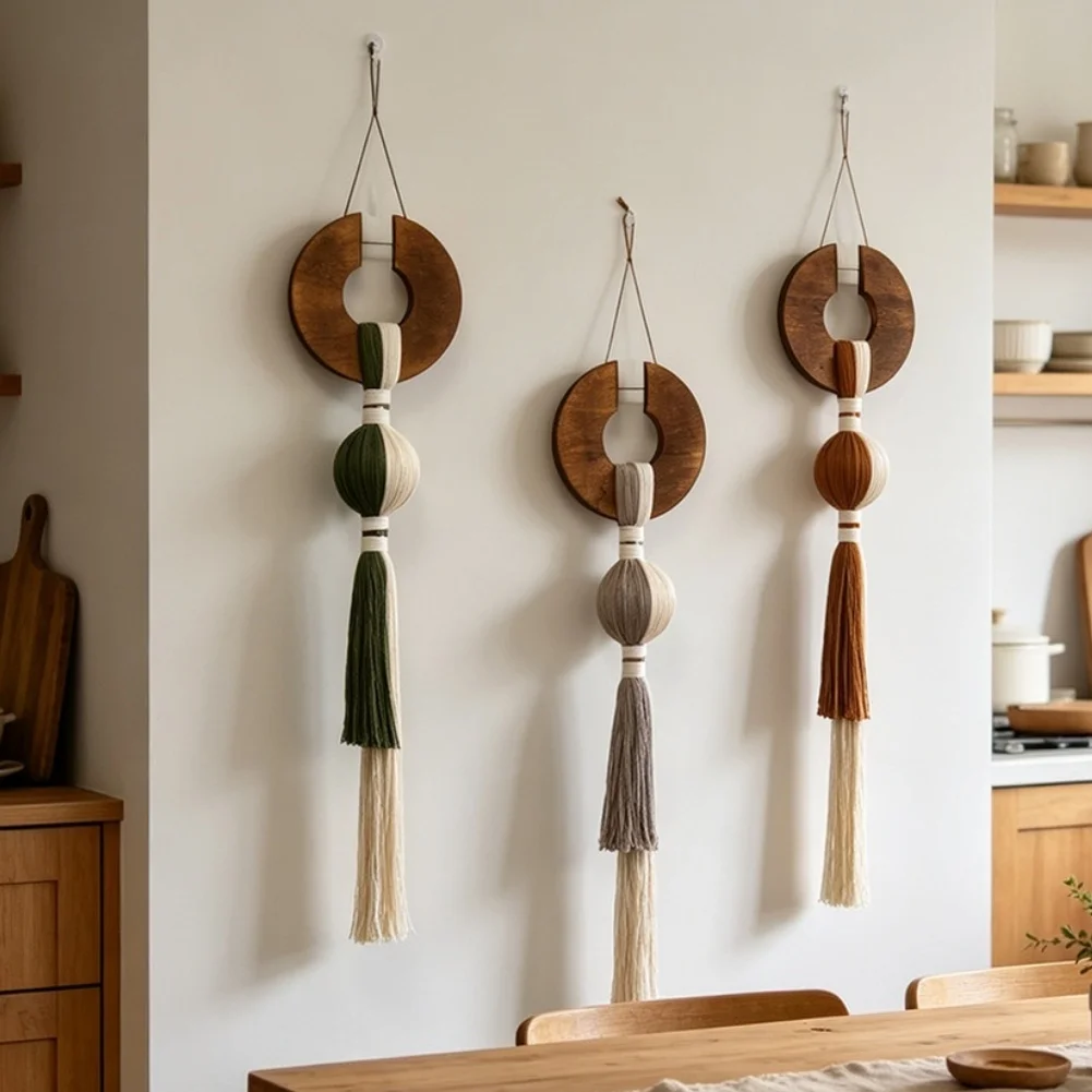 1PCS Creative Woven Home Boho Style Solid Wood Ring Cotton Rope Tassel Hanging Decor Simple Indoor Outdoor Nordic Hanging Wall