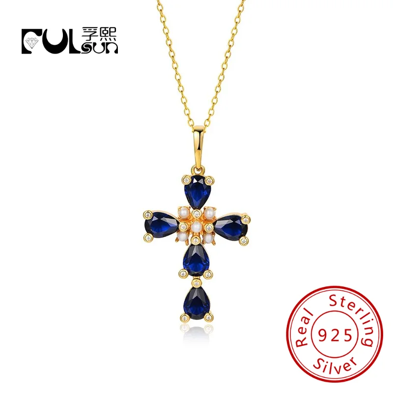 

Индивидуальное ожерелье из стерлингового серебра 925 пробы с позолотой 14 карат и синим цирконом с жемчугом и крестом, ювелирные изделия