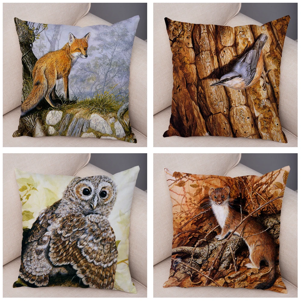 Home Decor Colorful Fox Bird Squirrel Cushion Cover Kids Room Sofa Cartoon Animal Print Polyester Pillowcase funda de almohada