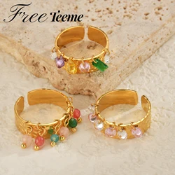 Freeteeme Colored Natural Stone Open Ring Stainless Steel Women Hammer Grain Patterned Rings 18K Gold Plated Charm Daily Jewelry