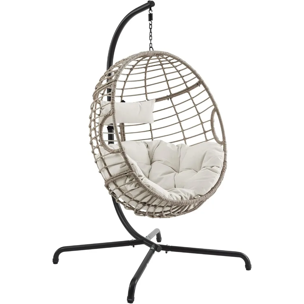 Outdoor/Indoor Hanging Egg Chair - Patio Swing with UV-Resistant Cushion, Wicker Rattan Hammock Basket Chair & Stand