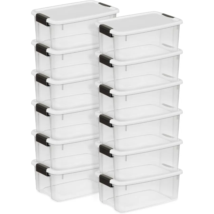 

12 упаковок ультра-защелкивающих контейнеров для хранения с крышками, прозрачные пластиковые 18-литровые сверхпрочные органайзеры для шкафа, ванной комнаты и
