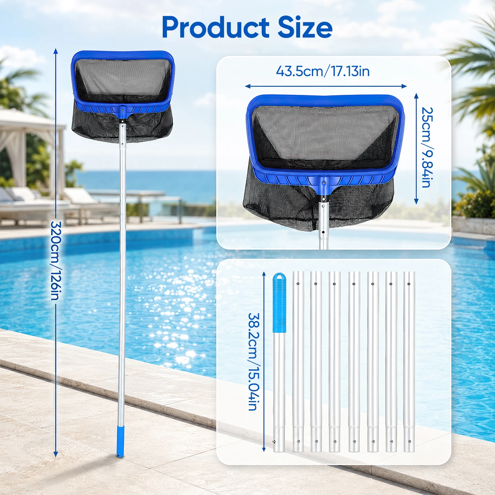 Pool-Bodenreinigungsnetz mit 3,2 m langem Griff, verstellbarer Aluminiumstange, Weitöffnungsnetz, Pool-Skimmer-Reinigungsnetz für Teiche, Spas, Fischteiche, Schwimmbäder, Parkwasserbecken