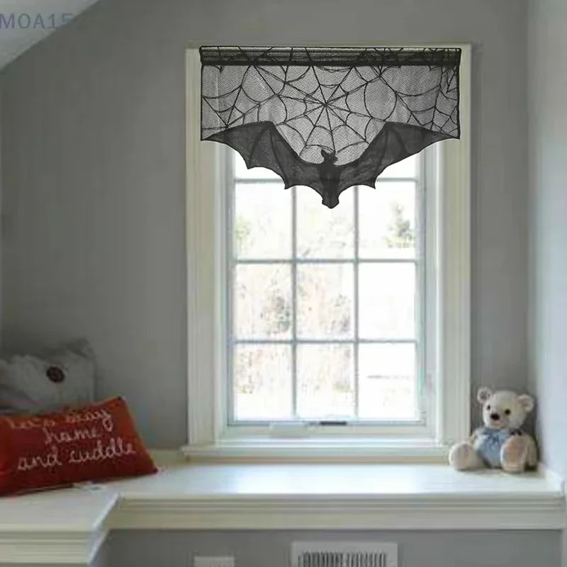 

1pc Lace Curtain Black Bat Spider Halloween Tablecloth Fireplace Mantel Scarf Cover Halloween Home Room Cobweb Horror Decoration