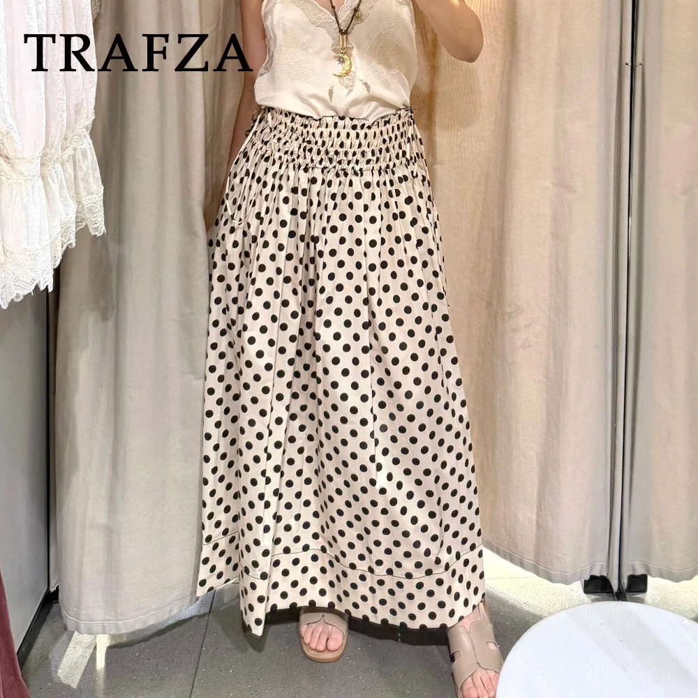 

TRAFZA Chic Dot High Street Casual Midi Skirt Fashion 2025 Summer Drawstring Streetwear Vintage Women A-Line Holiday Mujer Skirt