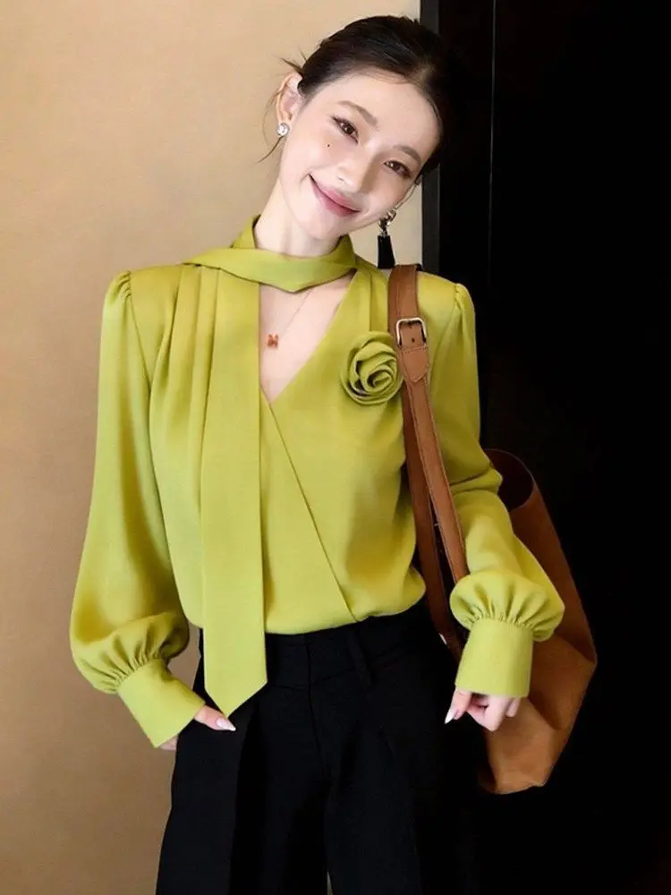 

Women Spring Summer Rose Flower Ribbon Shirt New French Style V-neck Long Sleeved Top