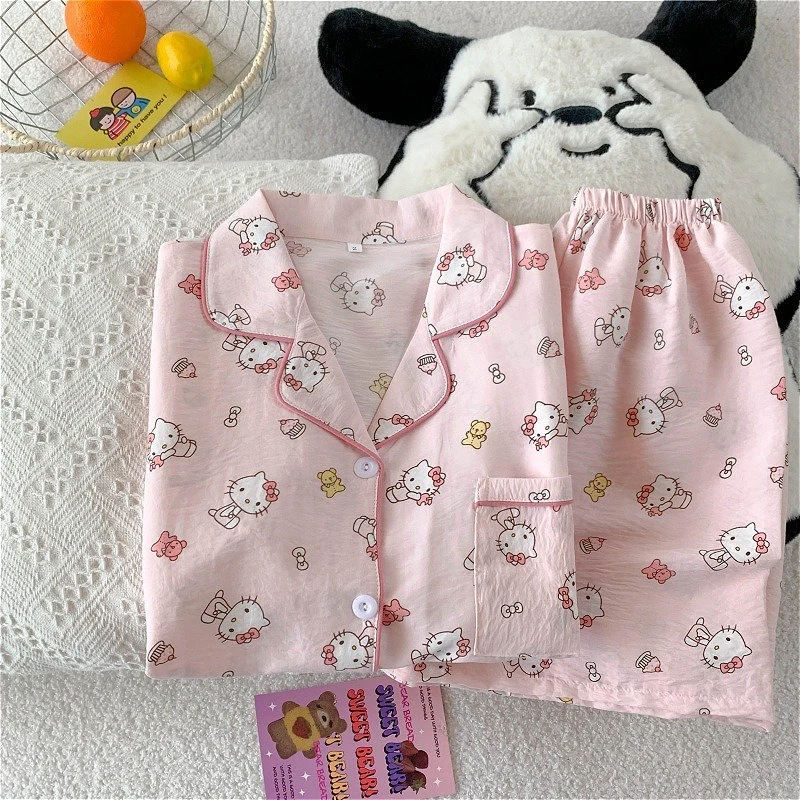 

Розовые пижамные комплекты Hello Kitty для сна для девочек, домашняя одежда, летние топы с короткими рукавами Kawaii, шорты, милый женский комплект для отдыха на открытом воздухе